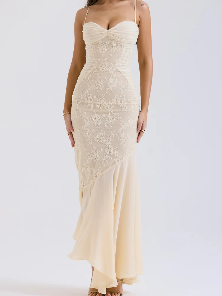 

Elegant Low Neck Maxi Dress For Women Slim Fit Pleated Hem Long Robes Party Lace Mesh Vestidos 2026 New Lady Evening Gown