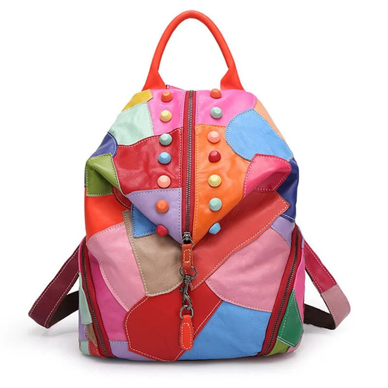 

Mochila Femenina Retro Genuine Leather Backpack Sheepskin Designer Travel Colorful Patchwork Luxury Shopper Bag Women's Bag