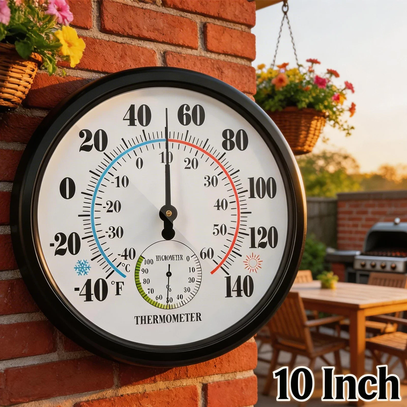 

10-дюймовый уличный термогигрометр с часами для декора сада, настенный термометр для помещений и улицы, измеритель температуры