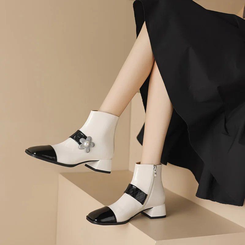 

Phoentin Women chic Genuine Leather Ankle Boots mid Heel Shoes 2023 Autumn retro party brand new short boot plus size 48 FT2740