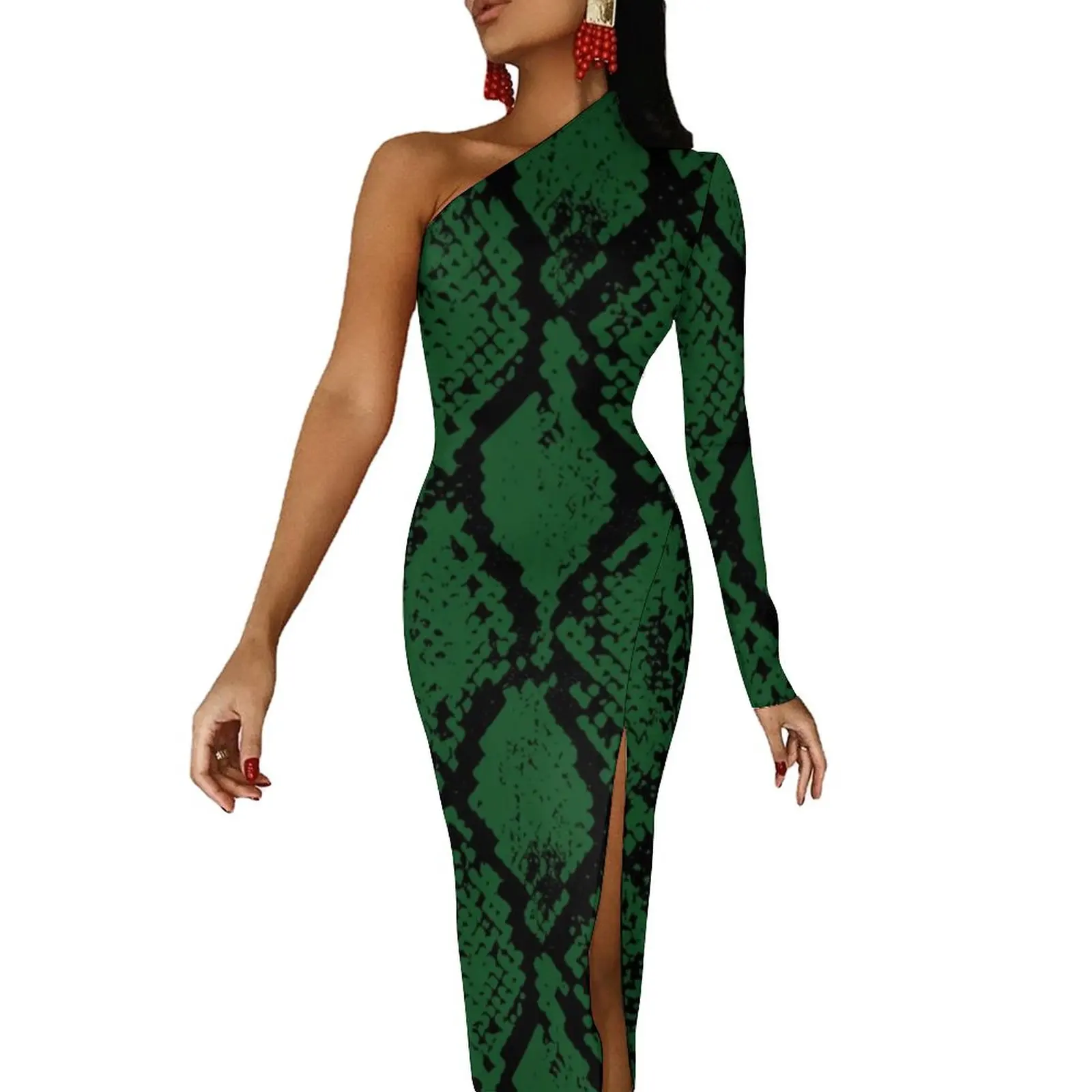 Green Snakeskin Maxi Dress One Shoulder Animal Skin Print Party Bodycon Dresses Summer High Slit Elegant Dress Female Vestido