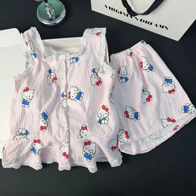 Hello Kitty Women's Summer Cloud Cotton Pajama Set with Built-in Bra Cami Shorts Lace Trim Sweet Cute Loungewear
