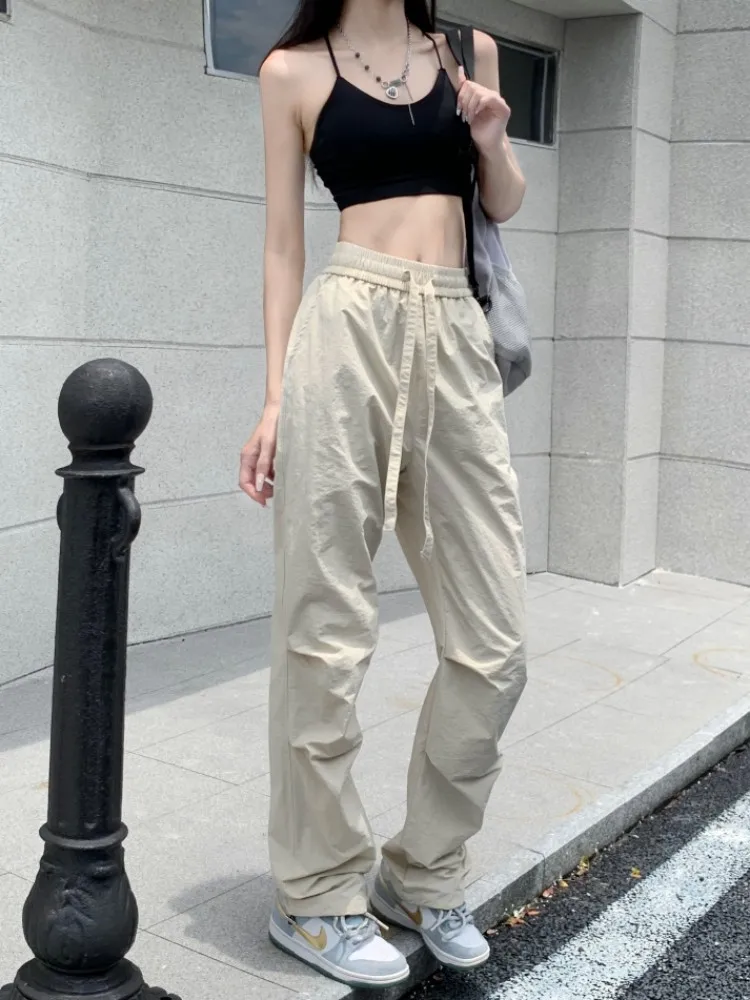 

GUUZYUVIZ Loose Drawstring Fold Straight Cargo Pants For Women Harajuk Janpese Casual Solid Vintage Trousers