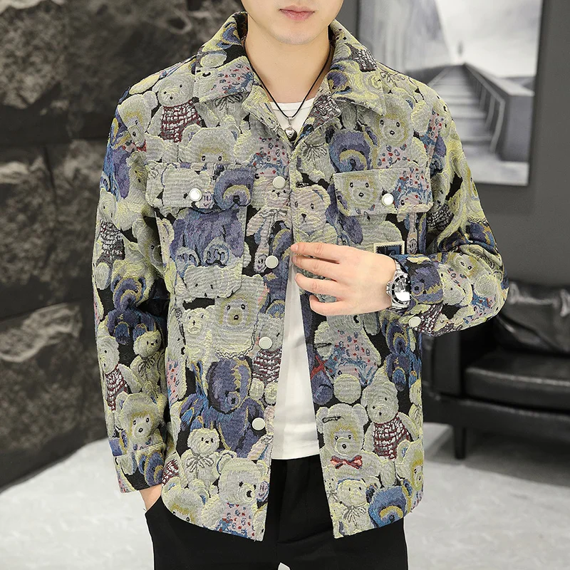 Autumn Men\'s Lapel New Retro High Street Print Jacket trend all-match Coat Streetwear Spring Men Fashion jacket