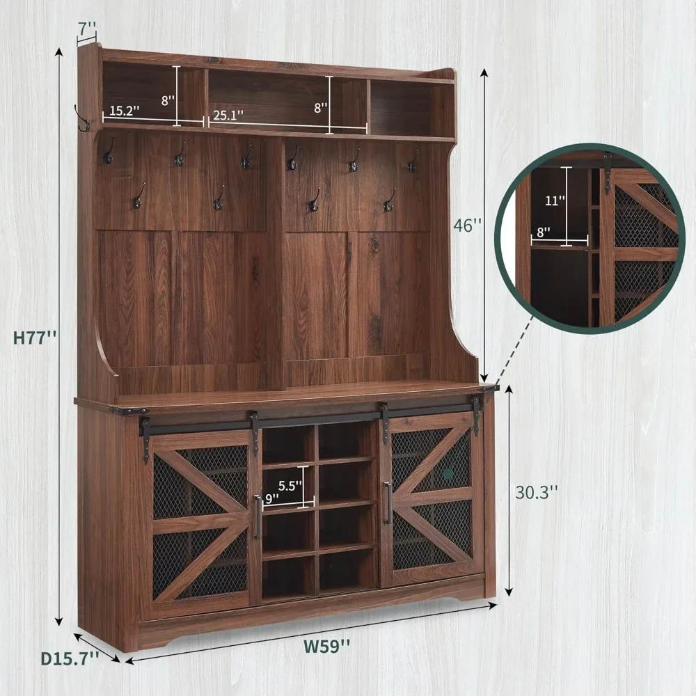 Farmhouse Entryway Hutch with Coat Rack, 20 Shoe Cubbies & 12 Coat Hooks Wide Hall Tree with Shoe Storage Bench, Mudroom Storage