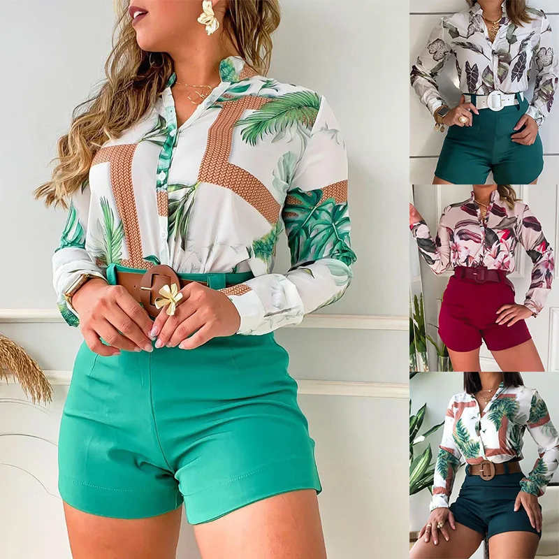 

Casual Floral Print Two Piece Set Summer Women Elegent Female Loose Outfit Long Sleeve Shirts And Wide Leg Shorts Tracksuit