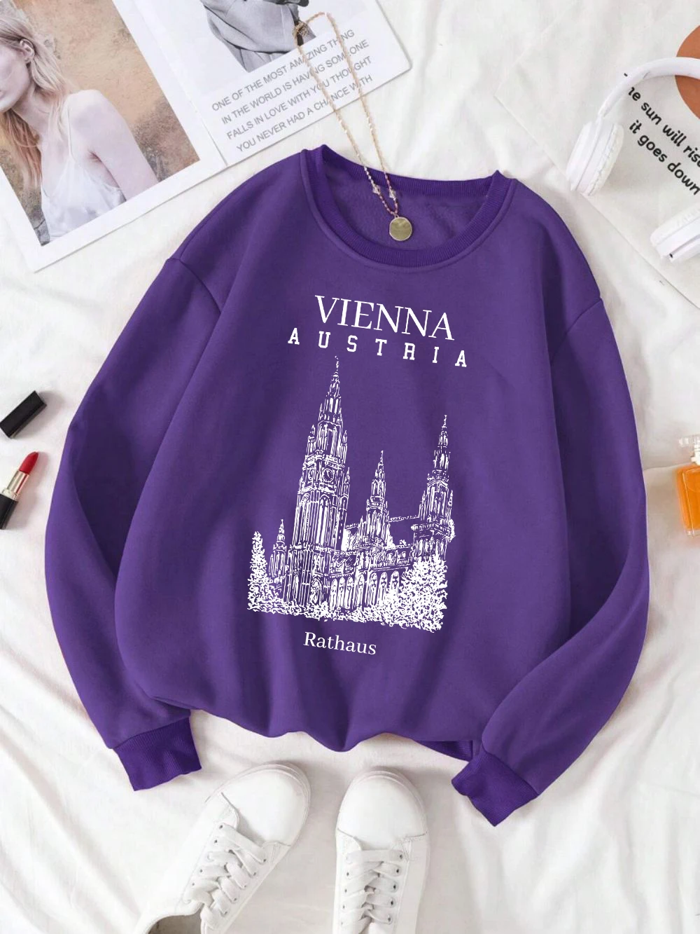 Wien Österreich Rathaus Druck Frauen Sweatshirt Crewneck All-Match Pullover Fleece Herbst Streetwear Frau Y2K Lose Kleidung