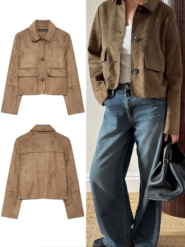 HH-abrigo Vintage de ante liso para mujer, chaqueta de manga larga con solapa y una hilera de botones y bolsillos, prendas de vestir informales de otoño, chaquetas cortas