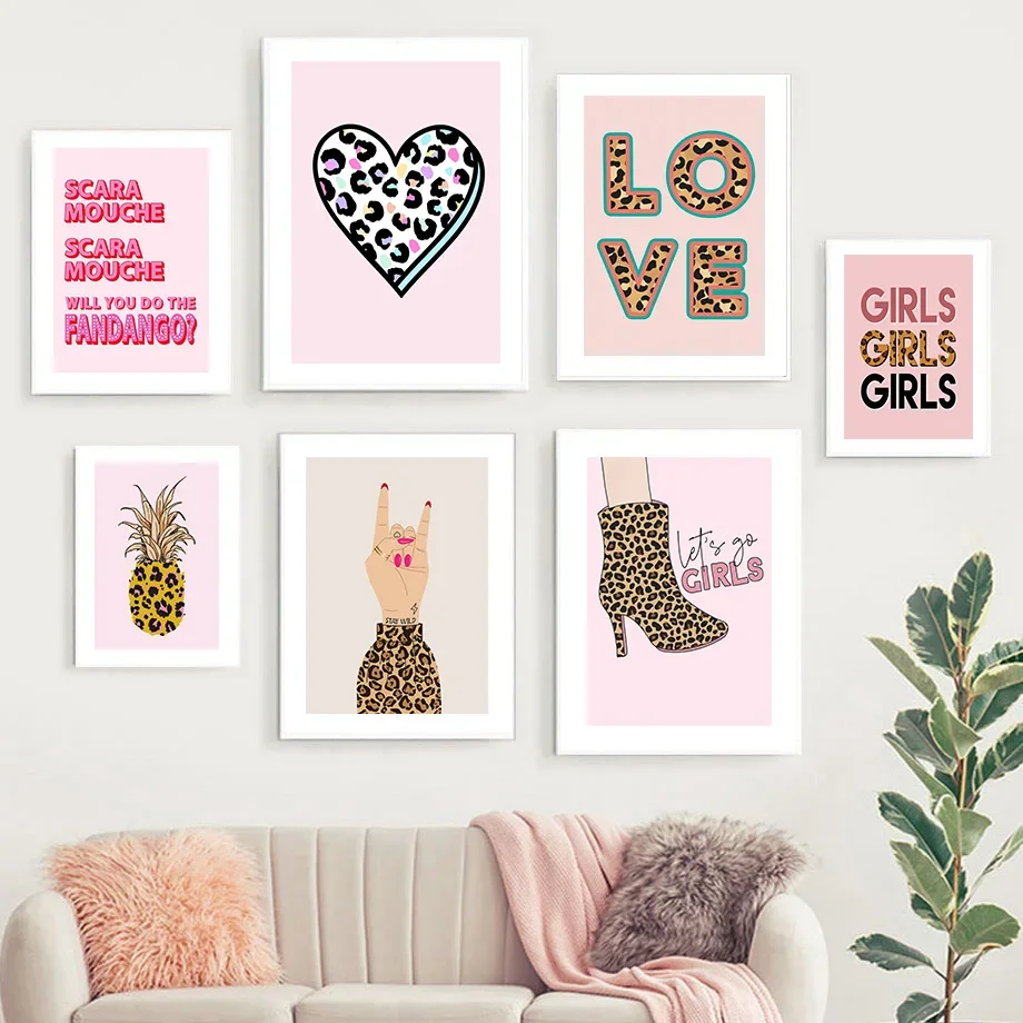 Nordic Abstract Wall Art Pink Leopard Pineapple Girl Heart Gesture Name HD Canvas Poster Print Home Bedroom Living Room Decor