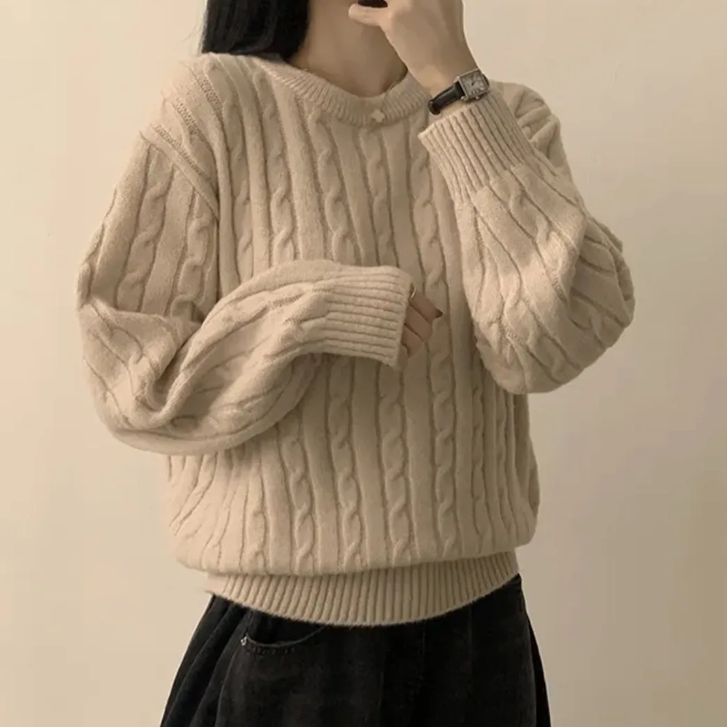 سترة نسائية محبوكة أنيقة بلوفر Ne طويل Sve للتخسيس لون الخريف والشتاء متعدد الاستخدامات تصميم بسيط تريكو