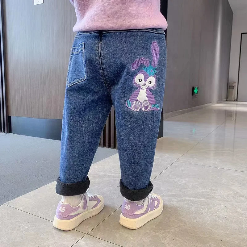 Winter Velvet Lined Girls Jeans Pants Vintage Thick Elastic High Waist Kids Denim Plush WarmFleece Winter Pants