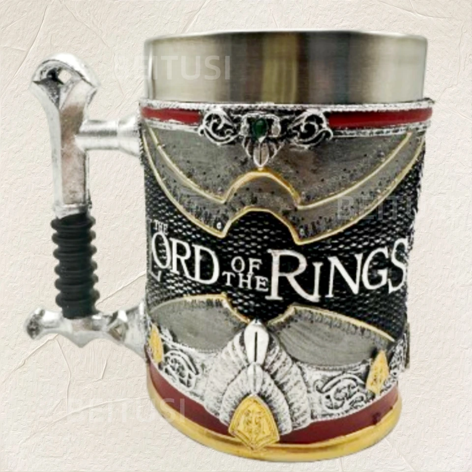 Swordsman Retro Beer Mug Pirate Coffee Medieval Warrior Stainless Steel Handle Party Cup Decorations Craft Ring Black Cup 500ML
