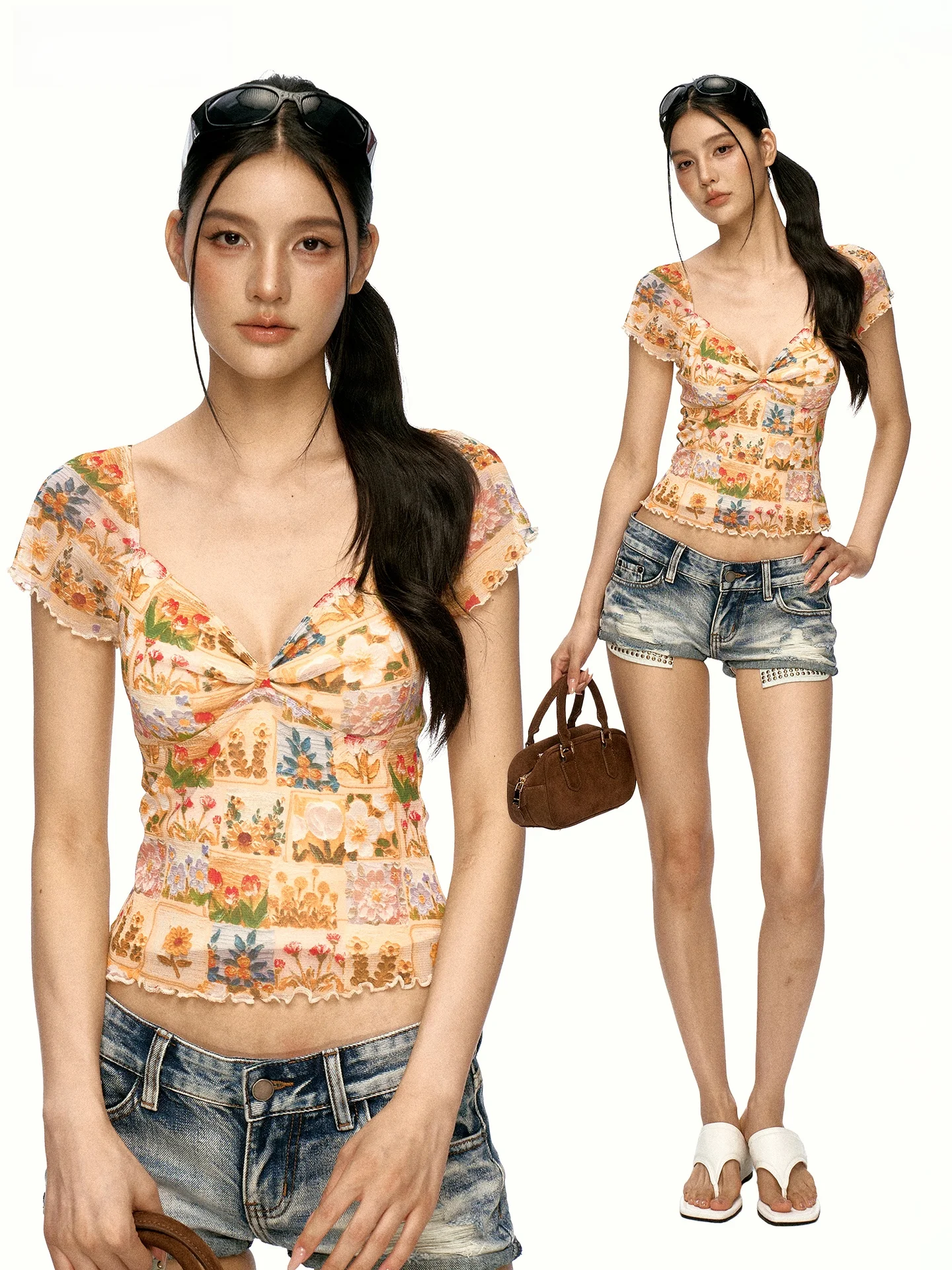 Aaisup Retro Oil Painting Style Printed T-Shirt Women's Summer Design Netting Slim Fit V-Neck Short Sleeve Top Casual Style