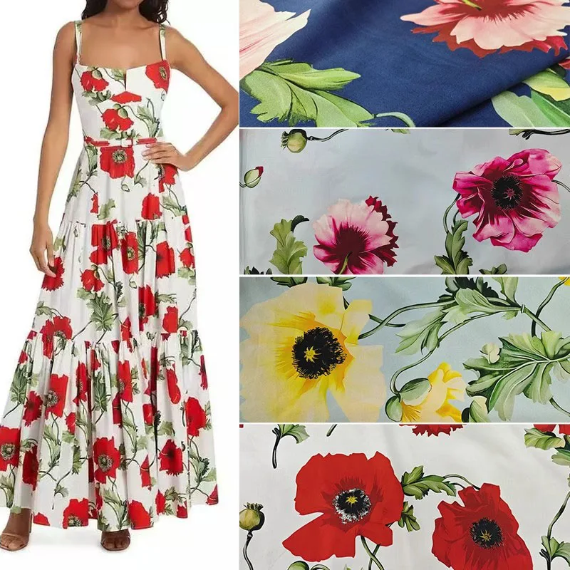 2024 Europe and America Poppy Flowers Printed Elastic Thin Cotton Sateen Fabric For Woman Dress Blouse DIY Cloth Sewing Material