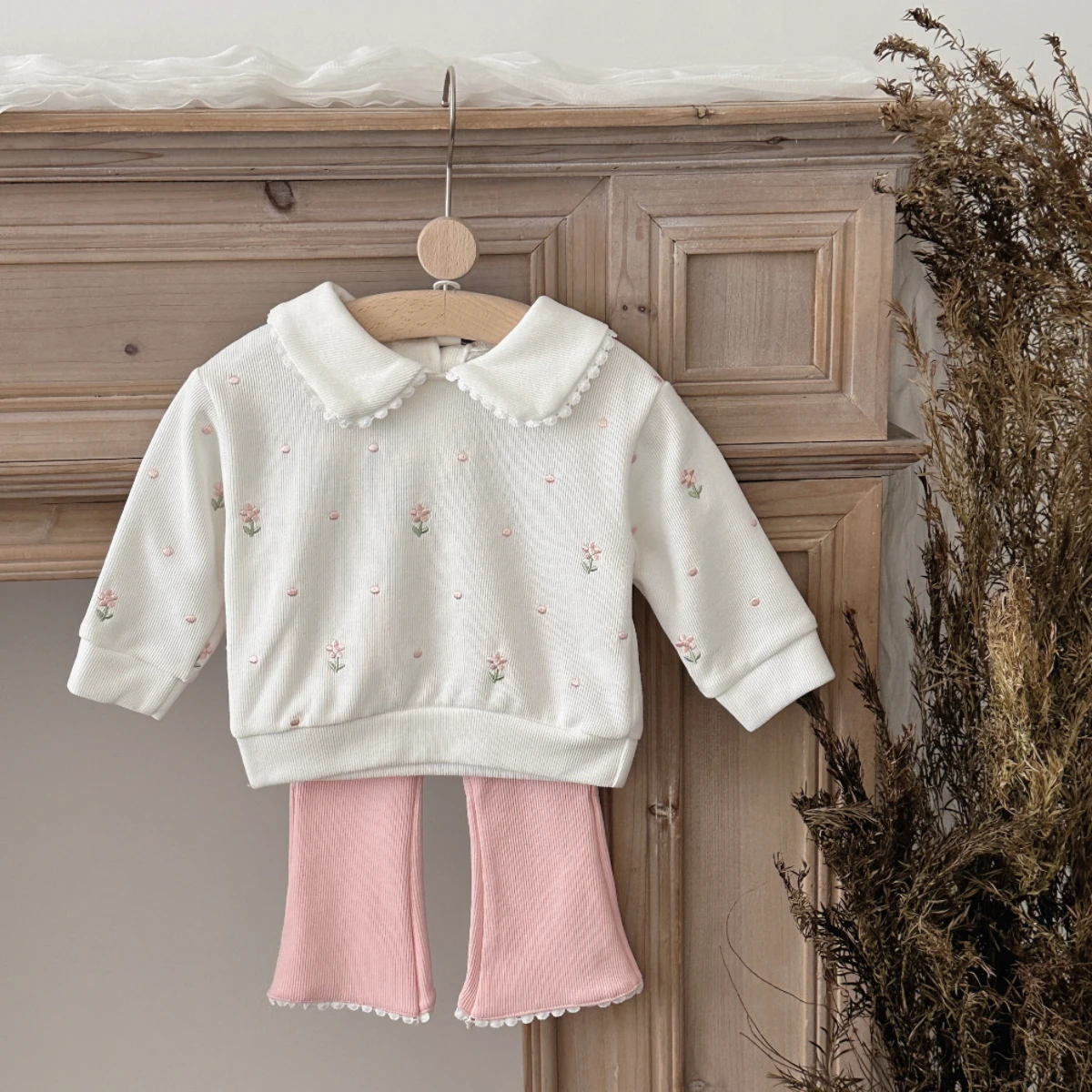 جديد الخريف الفتيات مجموعات الوردي الأزهار المطرزة أعلى + أسفل مجموعات أطفال 0-3 سنة الوليد بدلة طفل 2 قطعة ملابس طفل رضيع