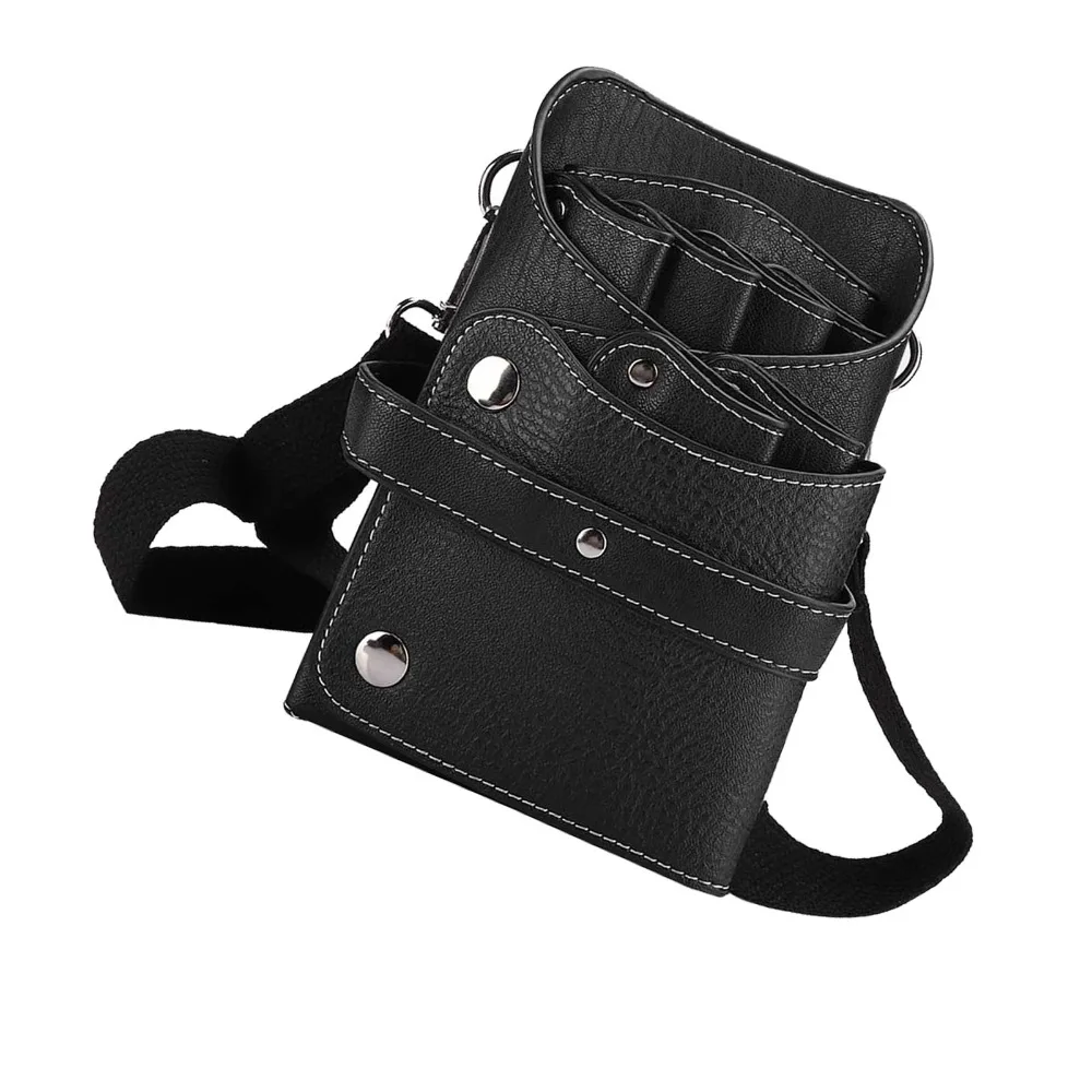 PU Leather Barber Scissors Waist Bag Multi-Compartment Adjustable Strap Hairdressing Tool Storage Bag Durable Black Color