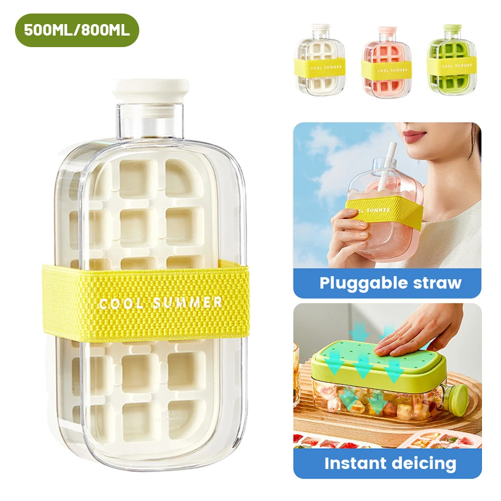 

Ice Cube Tray With Lid - NO SPILL Ice Tray For Freezer - NO TOUCH Silicone Ice Cube Tray For Freezer With Straw + Cable Tie Mold