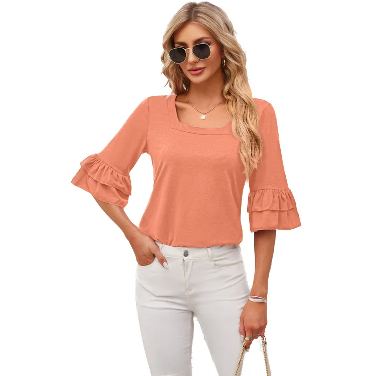 Women\'s Summer Blouse 2024 New Square Necked Ruffled Edge Mid Sleeved Solid Color Loose Fitting T-shirt Women Summer Top