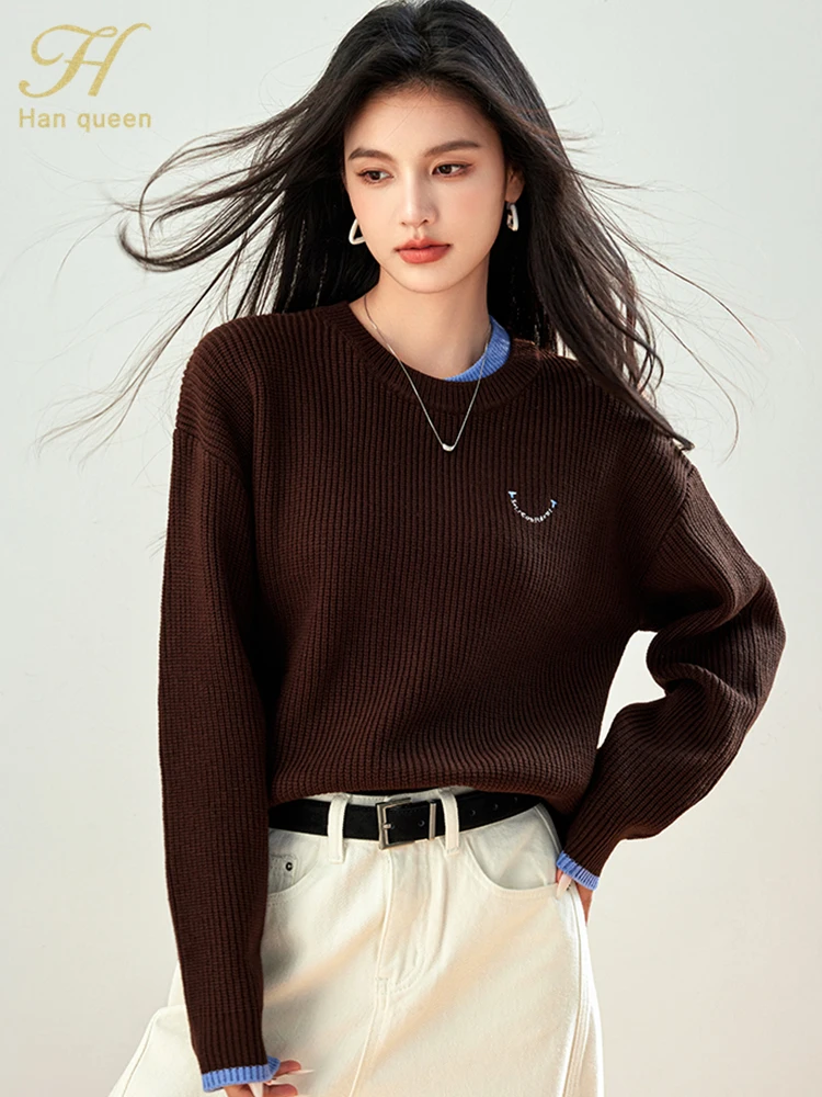 H Han Queen 2024 Autumn Winter Color Blocking Loose Korean Elastic Knit Pullovers Sweaters Chic Bottoming Casual Sweater Women