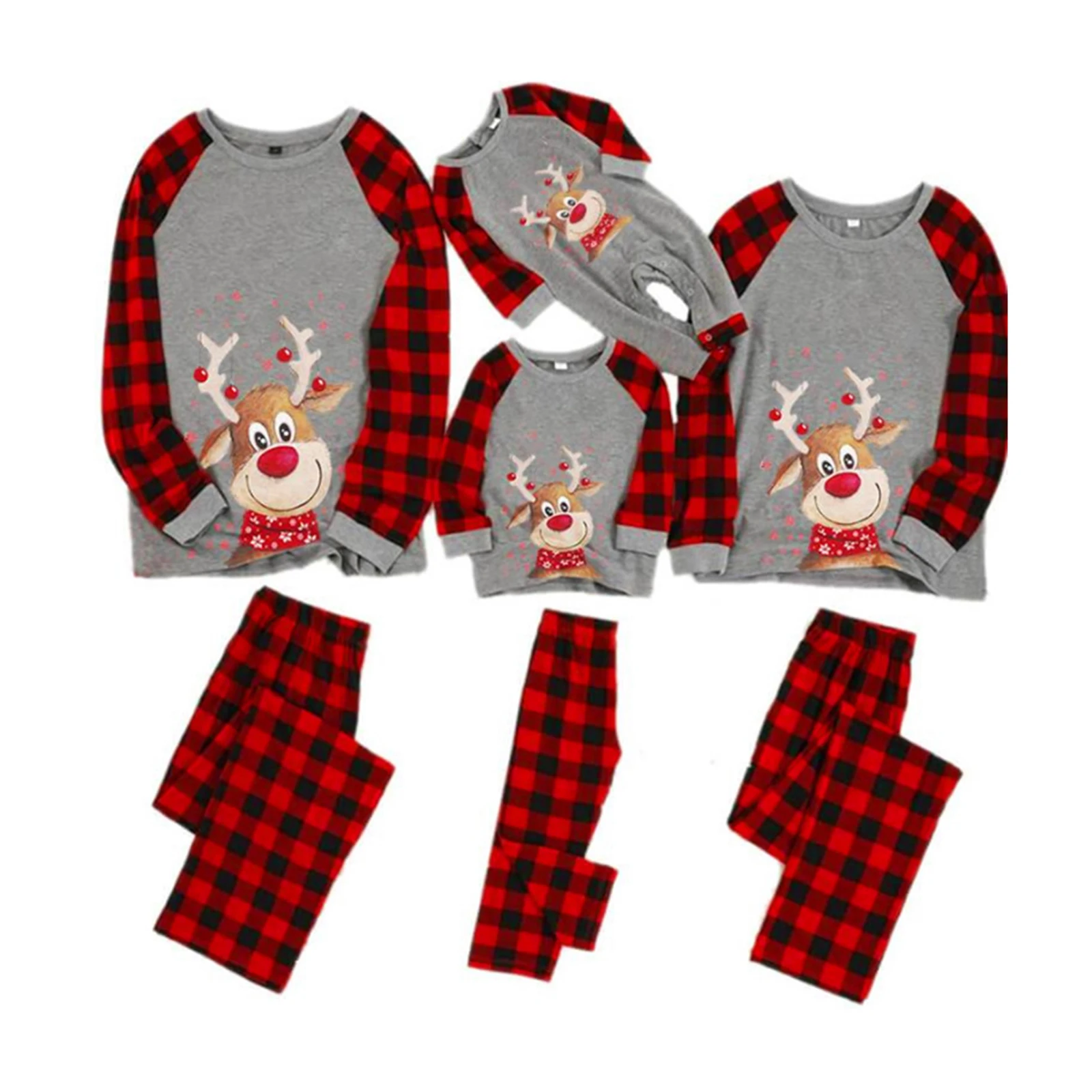 

Family Matching Christmas Reindeer Plaid Pajamas Set with Round Neck for Parent and Child Holiday Outfits