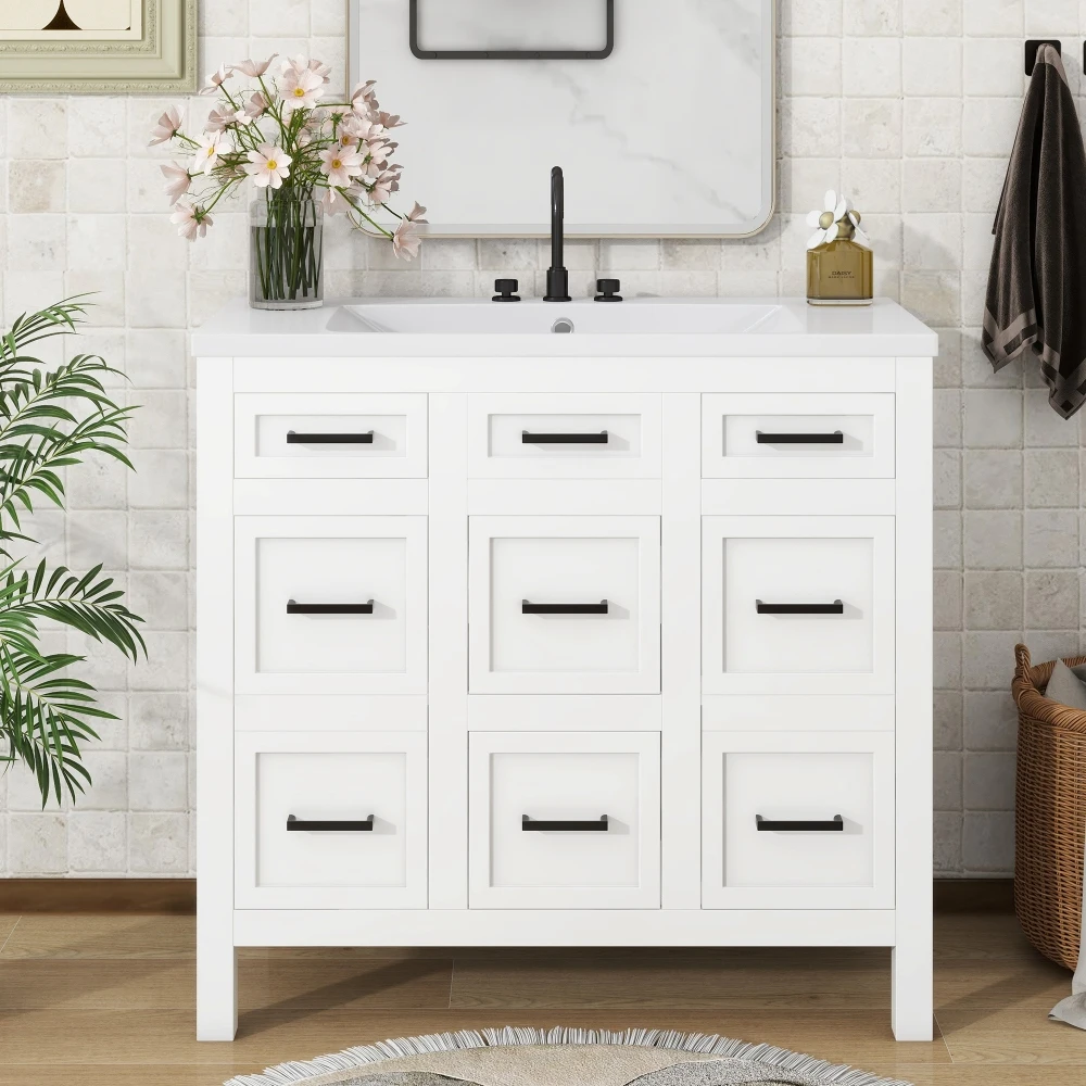 Kabinet Vanity kamar mandi 36 ", dengan wastafel terintegrasi Resin-4 laci, 2 pintu