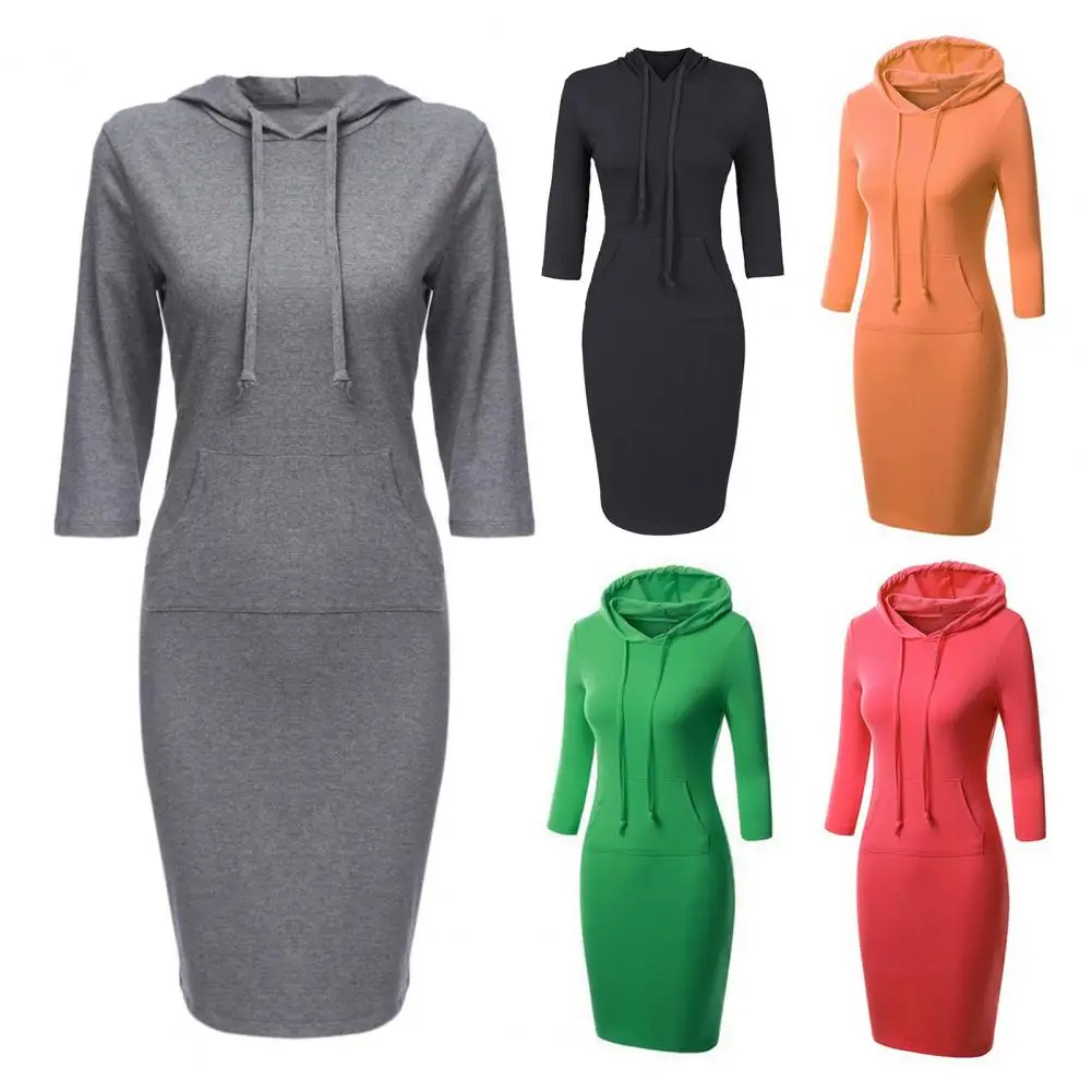 Women Autumn Dress Elegant Autumn Hooded Dress with Big Pocket Slim Fit Drawstring Elastic Solid Color Sheath Mini for Office