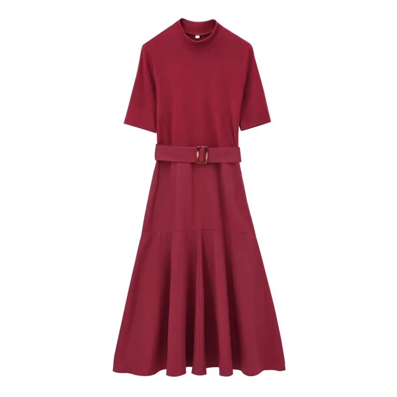 Topenomi Office Ladies Dress Autumn Temperament Patchwork Belt Waist A Line Long Dresses Elegant Fashion Slim Evening Party Robe