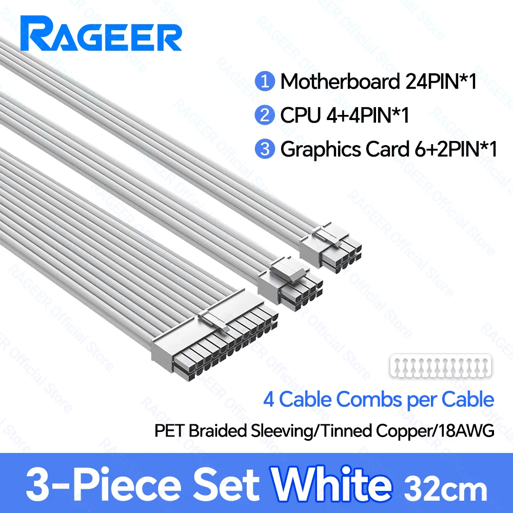 RAGEER PSU Verlengkabel Kit Moederbord ATX 24Pin GPU PCI-E 6 + 2Pin 8Pin CPU EPS 4 + 4Pin 18AWG Netsnoer Mouwen met Kammen