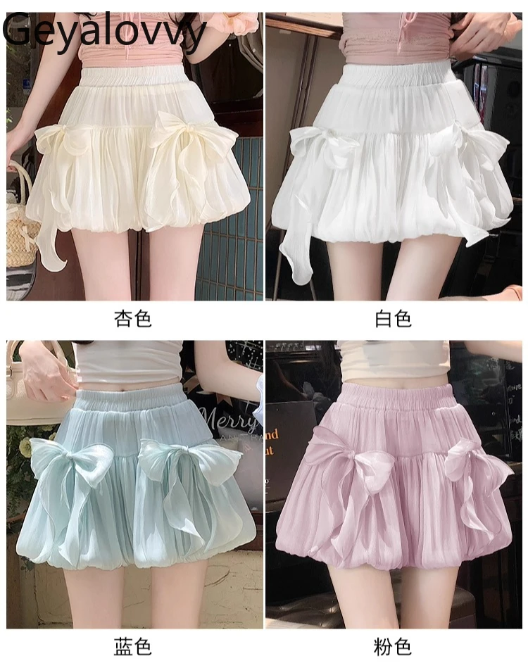

Gentle Style Sweet Bow Bud Skirt Women 2025 New Summer High Waist Anti-light Short Puffy Skirt Sweet Girls Lolita Skirt Female
