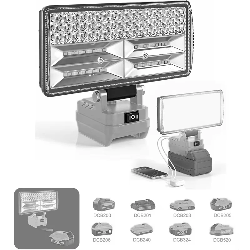 

Беспроводной светодиодный рабочий фонарь для Dewalt, аккумулятор 20 В, 96 Вт, 12000 лм, портативный фонарик, прожектор с двумя портами USB DCB202 DCB203