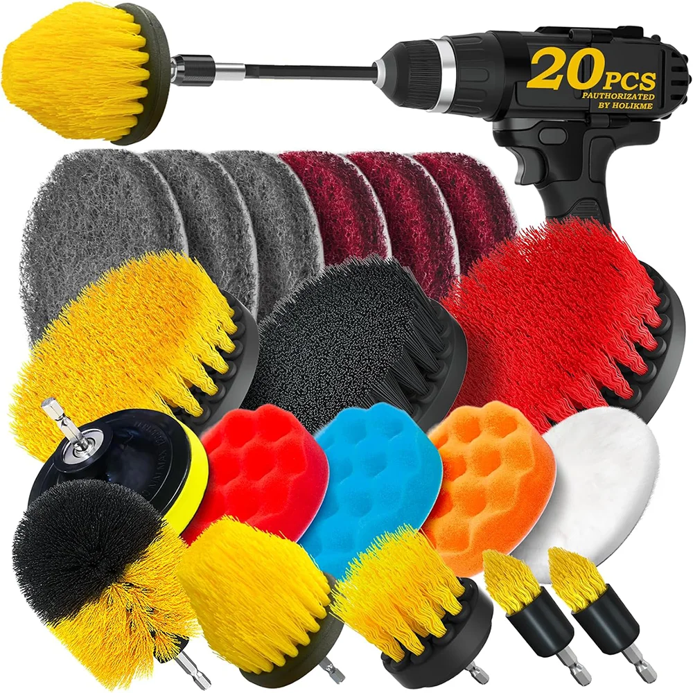 20 Pcs Drill Cleaning Brush Set with Polishing Sponge Scrub Pads Extend Long Attachment for Cleaning Kitchen Grout Floor