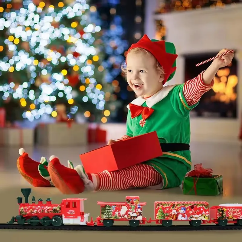 Classico set di treni natalizi con set di binari ferroviari sonori, modelli di giocattoli di treni a batteria, binari ferroviari natalizi