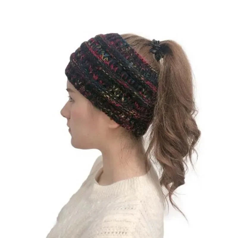 Europe America Multicolor Empty Head Knitted Cap Autumn Winter Warm Brand Skullies Beanies Women Ponytail Hair band