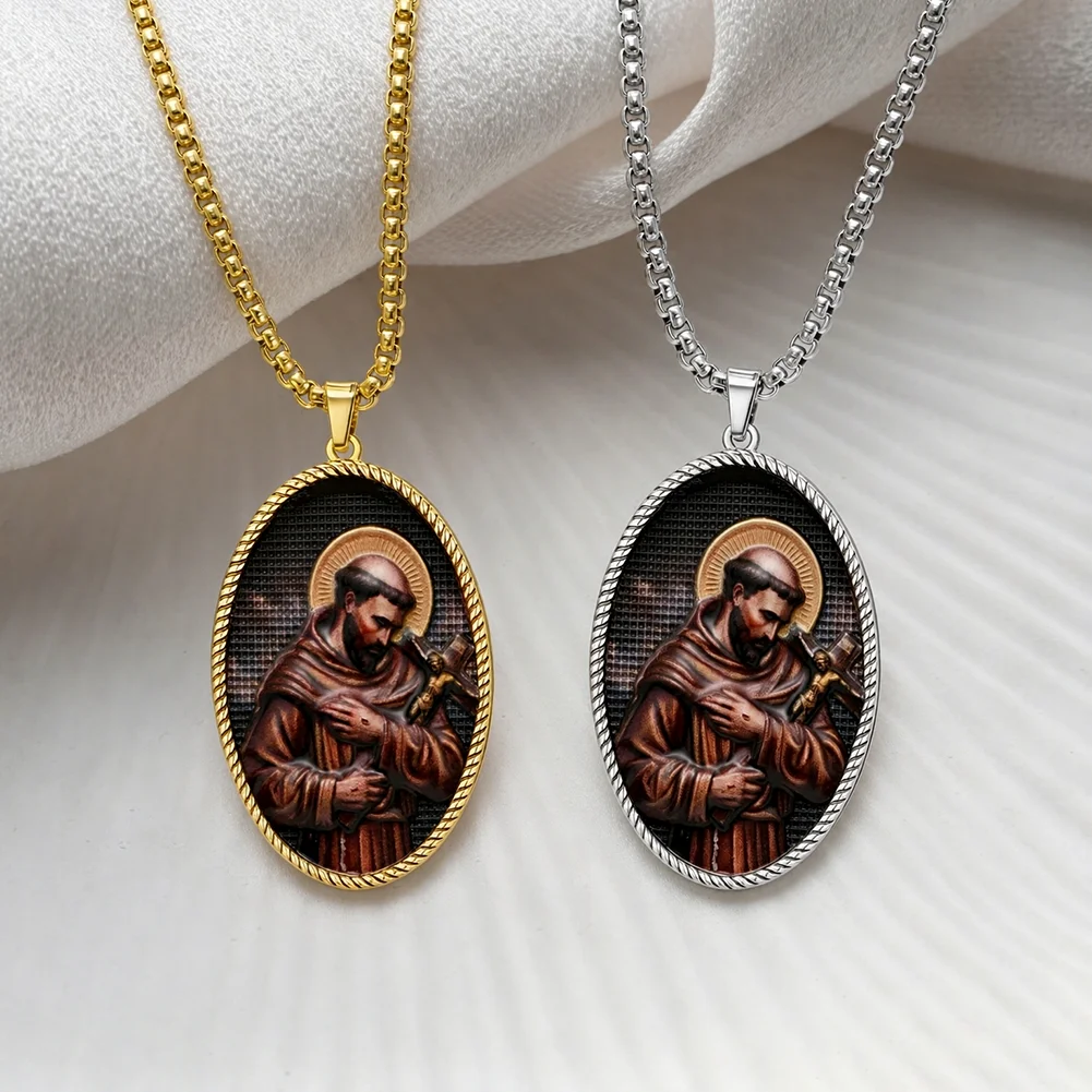 Saint Francis of Assisi Pendant Necklace Colorful Enamel Picture Religious Saint Medal Catholic Christian Protection Amulet Gift