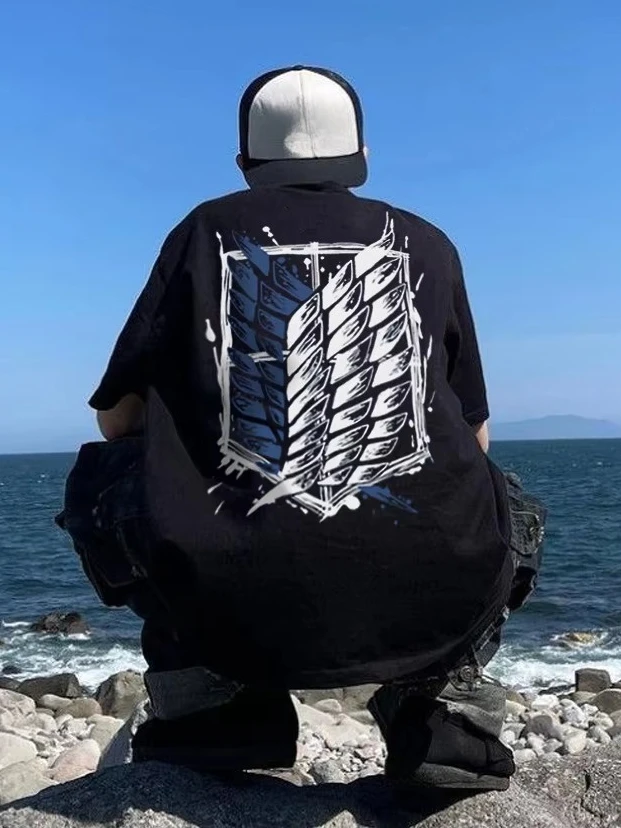 Men Oversized Cotton T Shirt Graffiti Two Wing Geometric Back Print Crew Neck Short Sleeve Streetwear Hip Hop Casual Loose Tee
