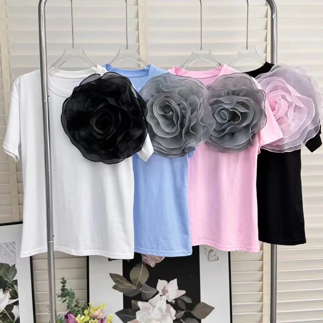 2024 Round Neck Short Sleeve Tshirt Three-Dimensional Big Flower Decorative Pin Loose T-shirt for Women Cotton Tops Tees