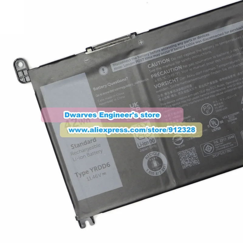 Genuine 11.4V 42Wh YRDD6 Battery 1VX1H P90F For DELL Inspiron 14 5482 P93G 3400 5488 5493 5593 5585 Vostro 15 5590 3501 14-5490