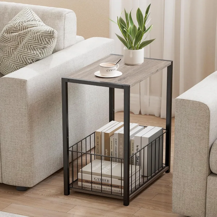 

2Tier Side Table with Removable Storage Basket Rrd Player Stand with LP Shelf End Table for Living Room Bedroom or Bedside Easy