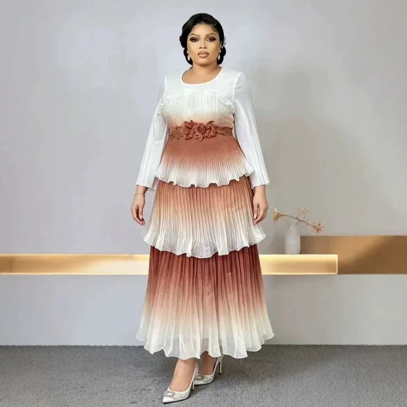 Miyake High-end Pleated Dress New Fungus Edge Three-dimensional Flower Decorative Printing Gradual Change Light Luxury Dress