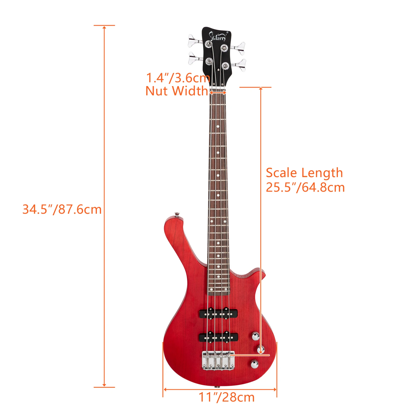 36in Small Scale Electric Bass Guitar Suit With Mahogany Body SS Pickups, Guitar Bag, Strap, Cable Red