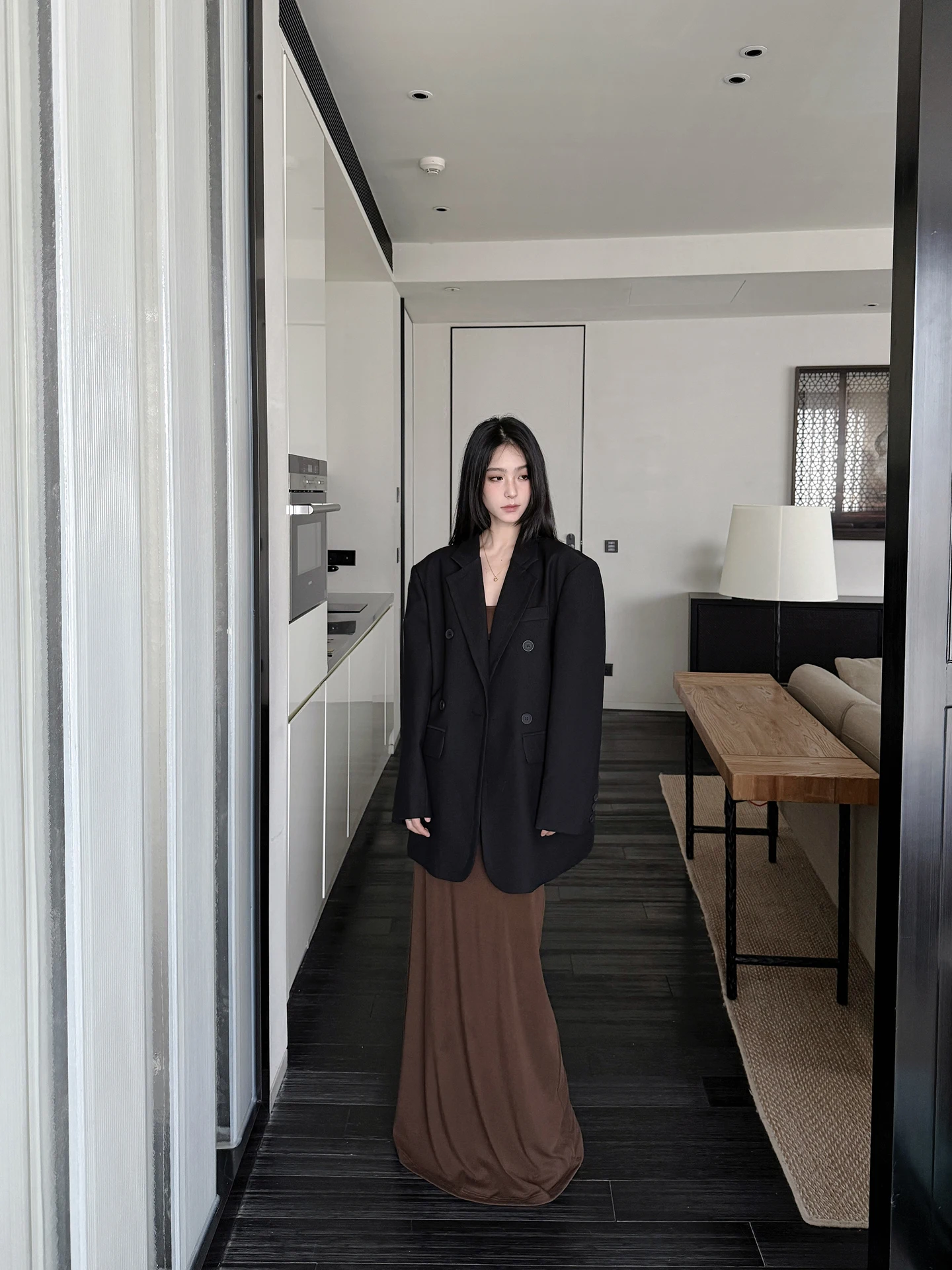 

SMBL RAIN Bla двубортный свободный костюм миди для женщин винтажный повседневный офисный костюм на подкладке из полиэфирного волокна