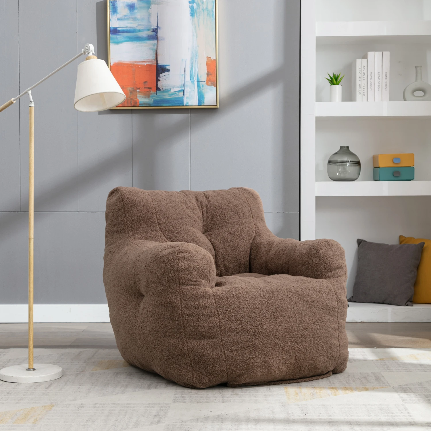 Soft Teddy Fabric Tufted Bean Bag Chair - Coffee Color, Comfy Foam Filling