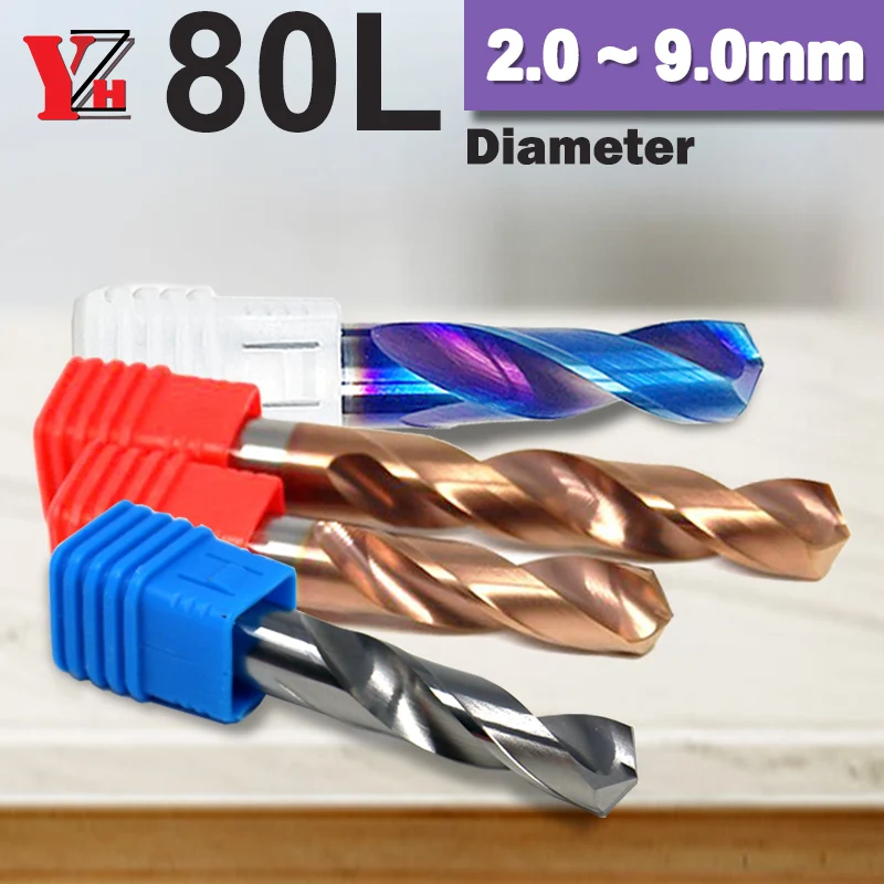 YZH Twist Drill 80mm Diameter D2~9mm Total Length Bits HRC50/55/65 CNC Straight Handle Drilling Hole For Metal