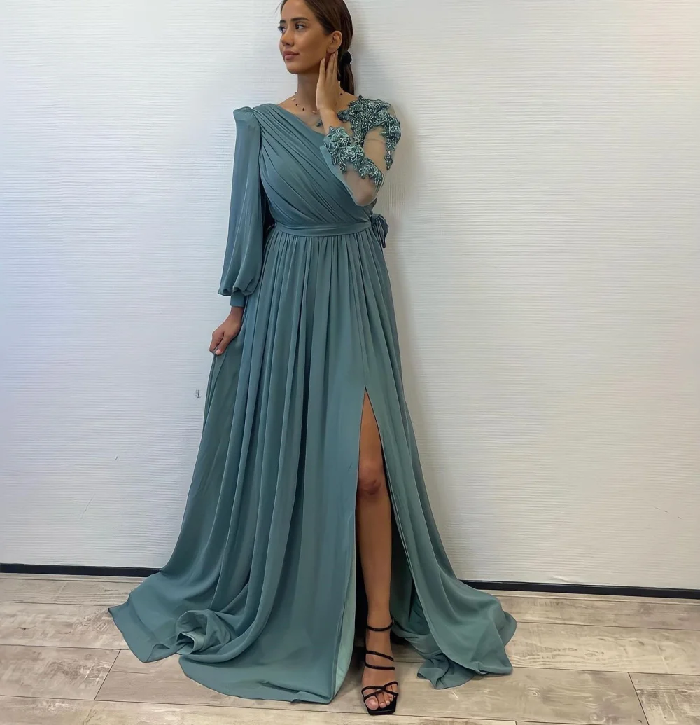 Boat Neck Robe De Soirée Vintage Evening Gown Custom Made Split Formal Party Dress Long Sleeves Chiffon Beading  Prom Dresses