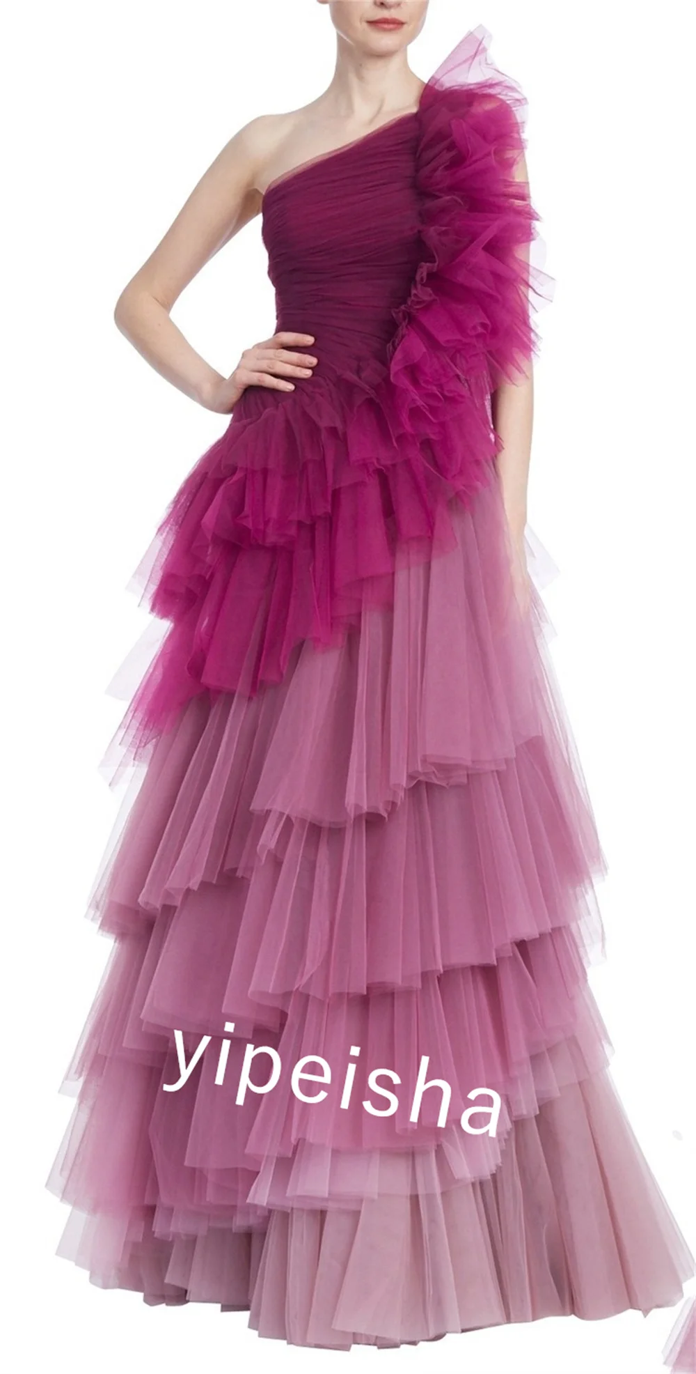 Customized Tulle Draped Tiered Christmas Ball Gown One-shoulder Bespoke Occasion  Long Dresses