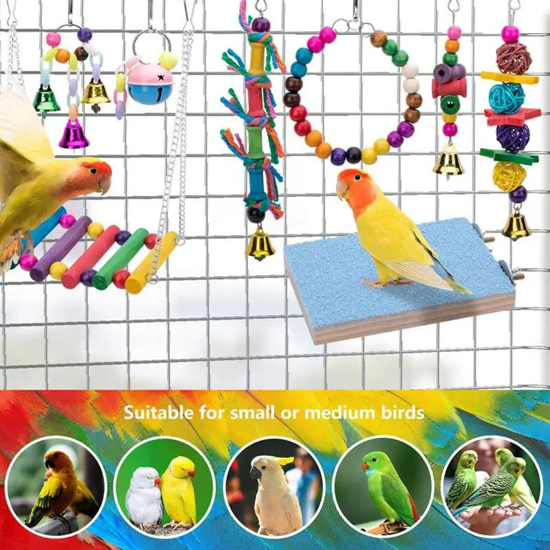 Bird Parakeet Toys Foraging Shredder Toy Set 8 Pcs Multicolored Parrot Cage Bite Toy Parakeet Natural Toys Climbing Ladders