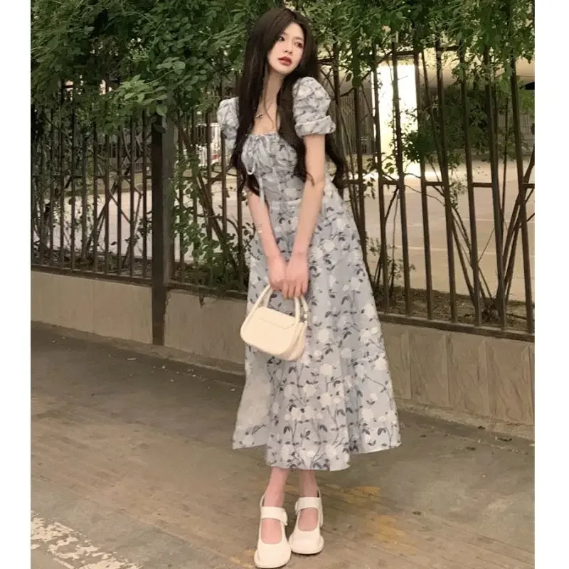Women Summer Fashion Floral Print Square Collar Lace-up Elegant Party Dresses Sweet Chic Short Sleeve Slim Fairy Midi Dress Robe