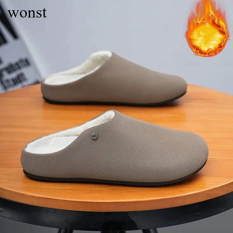 

Winter Men's Half Shoes with Fur Warm Cotton Slippers Non-slip Indoor Home Shoes Comfort Casual Shoes Women Slip-on Lazy Shoes