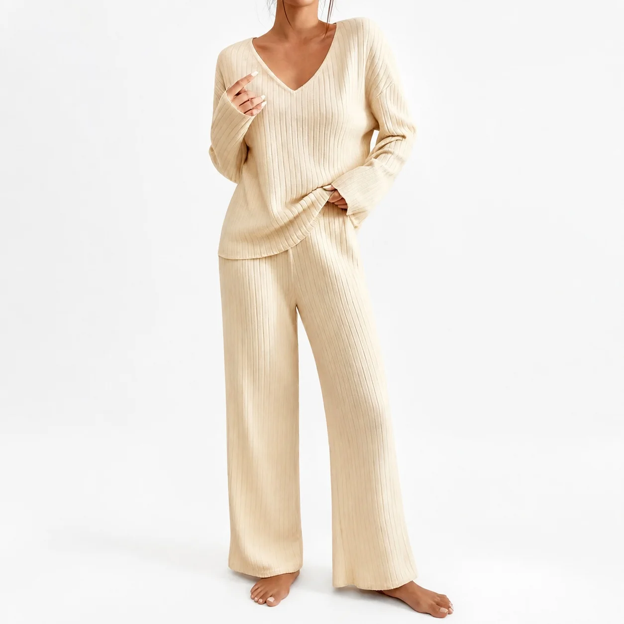 Women's Autumn V Neck Loose Fit Ribbed Brushed Solid Color Polyester Blend Casual Long Sleeve Knit Sweater in Cream, Olive