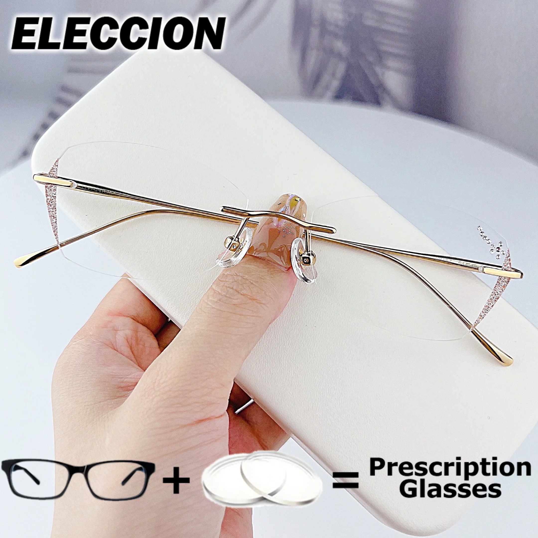

ELECCION Rimless Prescription Glasses Reading Glasses Women Presbyopic Eyewear Phone Blue Light Blocking Anti Fatigue Eyeglasses